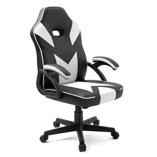 Frontal view of a black and white ergonomic gaming chair UT-C555