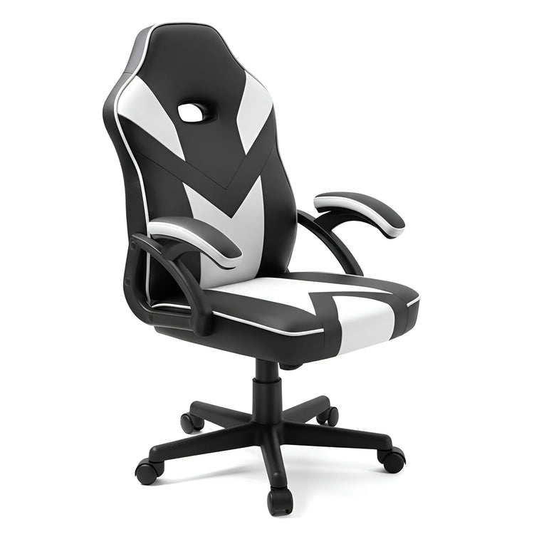 Frontal view of a black and white ergonomic gaming chair UT-C555