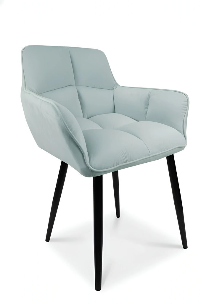 Side view of a modern blue dining chair with a padded seat UT-C2014