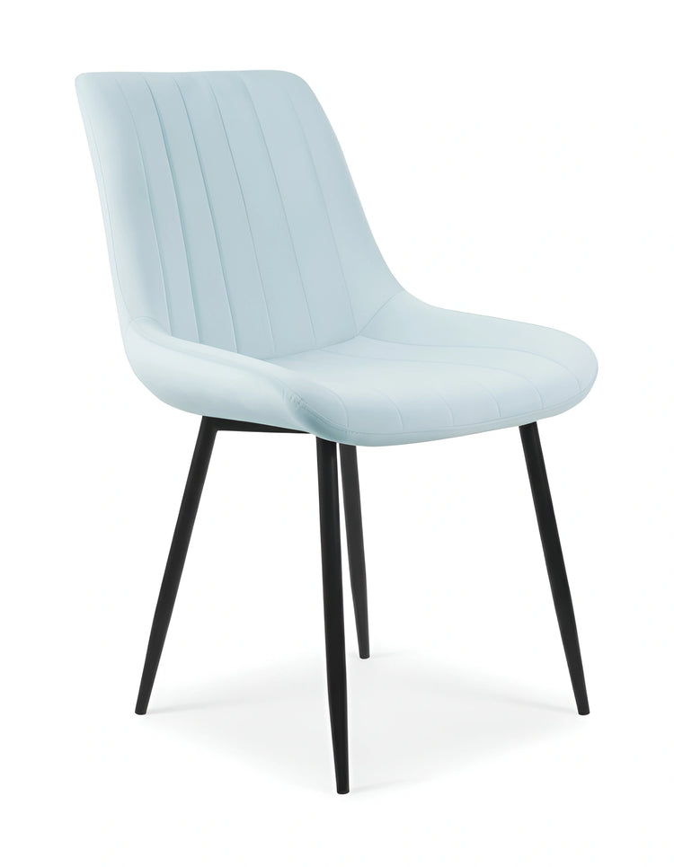Angled view of a modern blue dining chair showing the padded seat UT-C7050