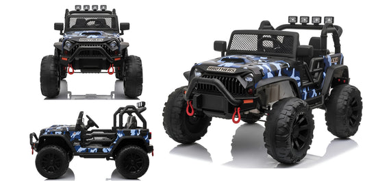 Three views of a jeep toy off-road vehicle with camouflage design on a white background