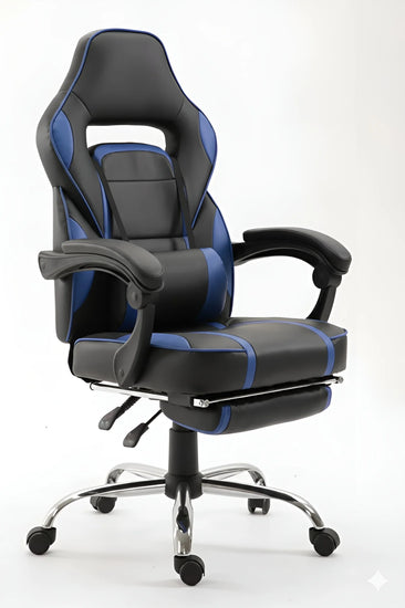 Frontal view of a black and blue ergonomic gaming chair with a footrest UT-C590F