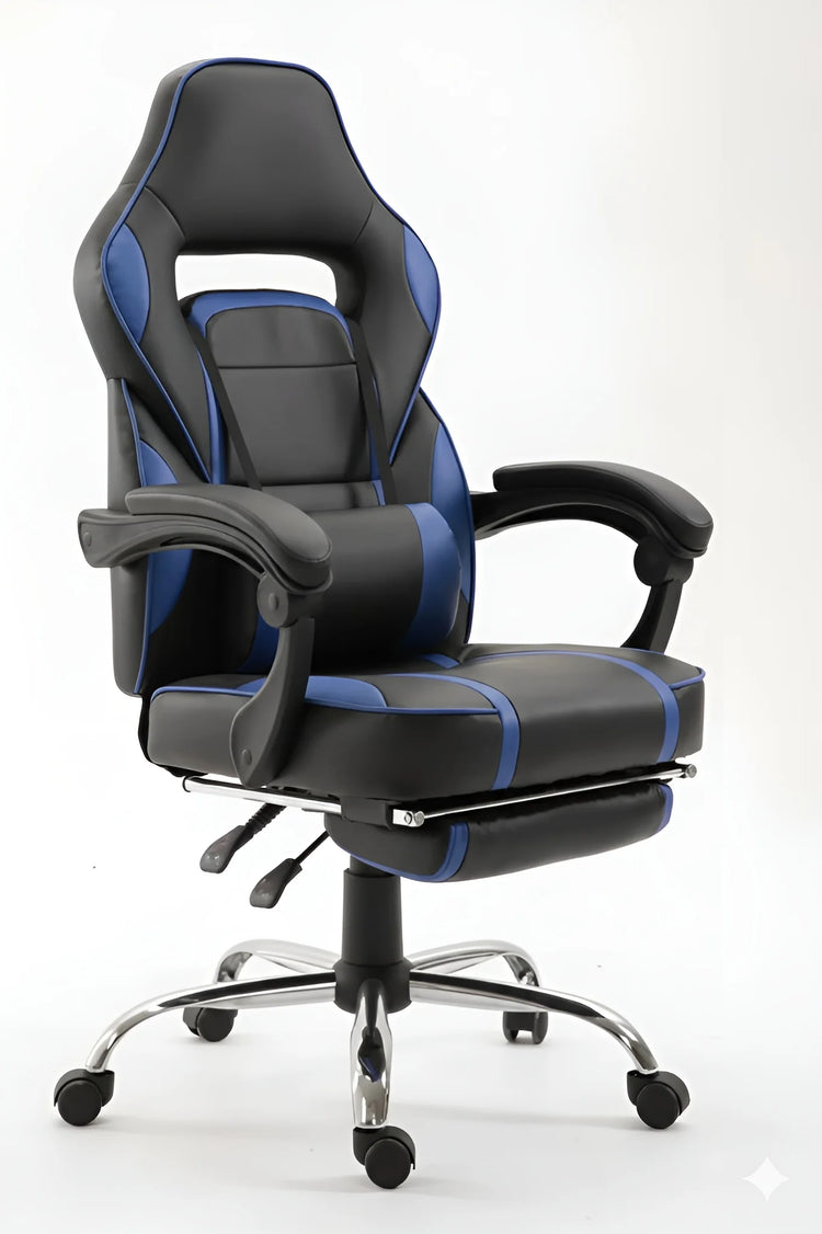 Frontal view of a black and blue ergonomic gaming chair with a footrest UT-C590F