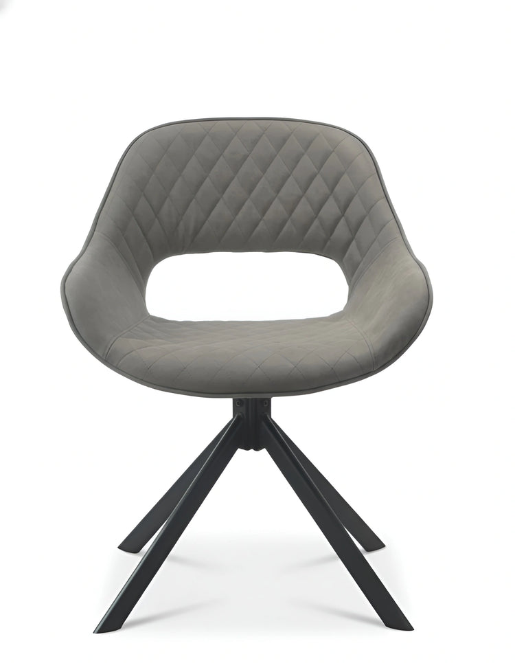 Frontal view of a brown quilted fabric dining chair with a swivel base UT-C4202