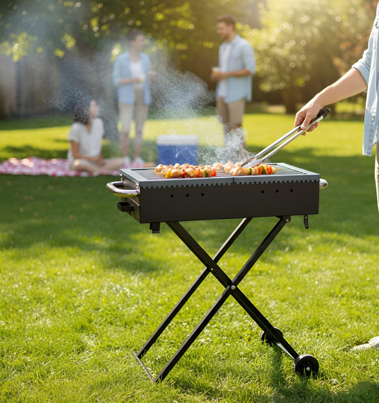Person grilling outdoors with a family in the background on a sunny day