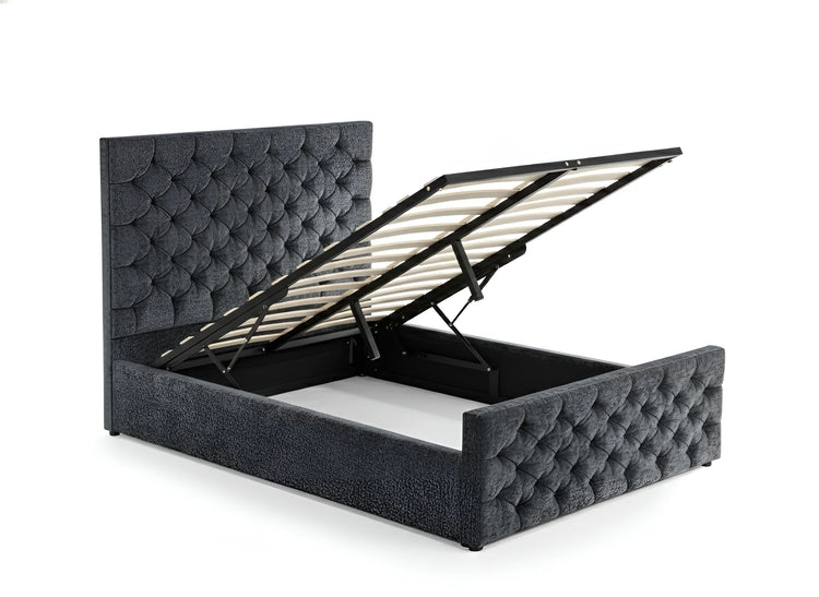 Charcoal chenille gas lift Double bed frame with tufted button headboard (3207G)