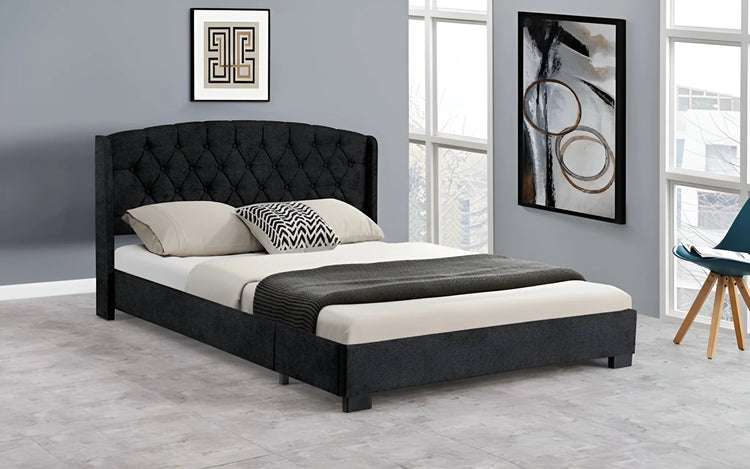 Charcoal chenille Double bed frame with an upholstered, button-tufted headboard (4022-3)