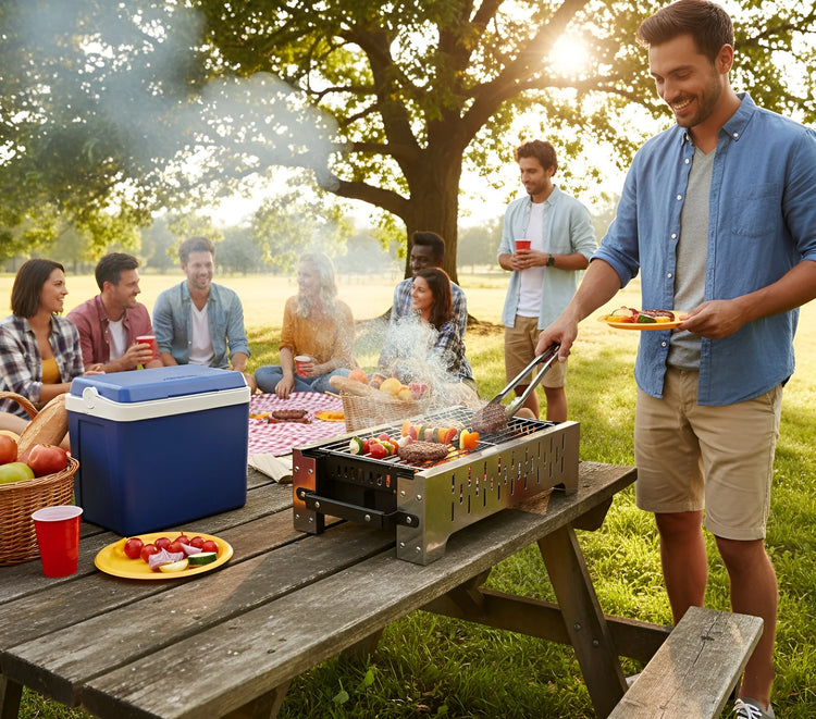A group of friends grilling food on a portable charcoal BBQ at a picnic in a park on a sunny day 2112