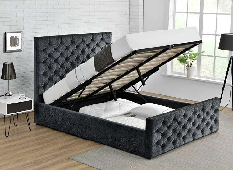 Charcoal chenille gas lift Double bed frame with tufted button headboard (3207G)