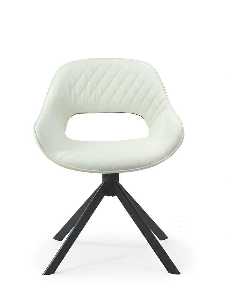 Frontal view of a modern cream quilted fabric dining chair with a swivel base UT-C4202