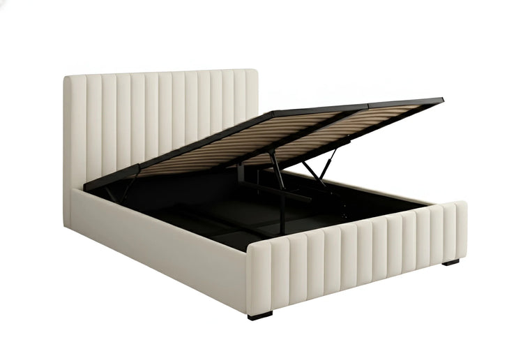 Cream chenille gas lift King bed frame with vertical line stitching on the headboard and open storage space underneath 4480G