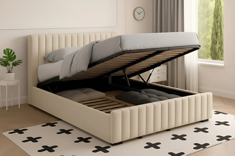 Cream chenille gas lift Queen bed frame with vertical line stitching on the headboard and open storage space underneath 4480G