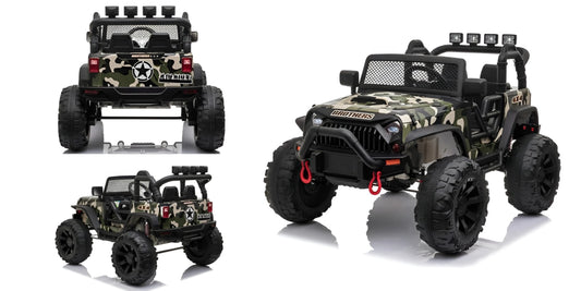 Camouflage-patterned toy truck shown from multiple angles on a white background