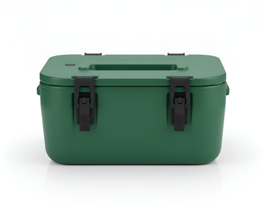 Frontal view of a green 8-litre heavy-duty insulated cooler bin with black latches and handle YS19022-102