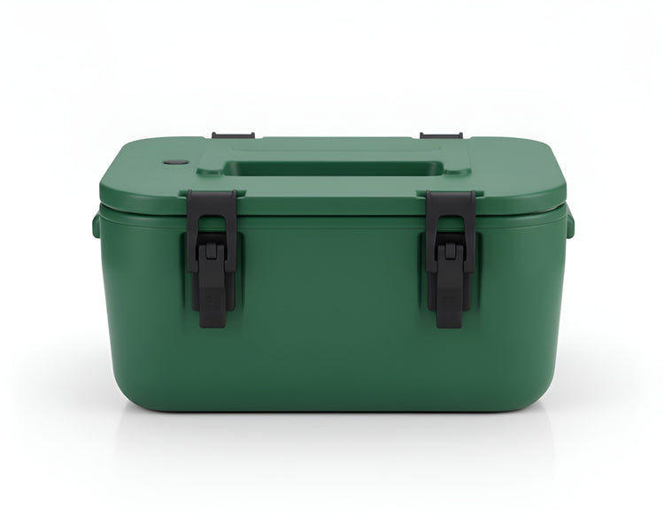Frontal view of a green 15-litre heavy-duty insulated cooler bin with black latches and handle YS19022-102
