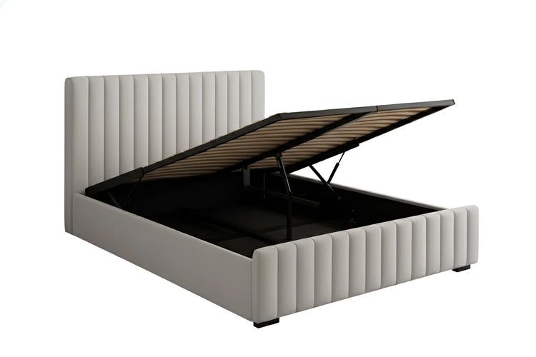Grey chenille gas lift King bed frame with vertical line stitching on the headboard and open storage space underneath 4480G