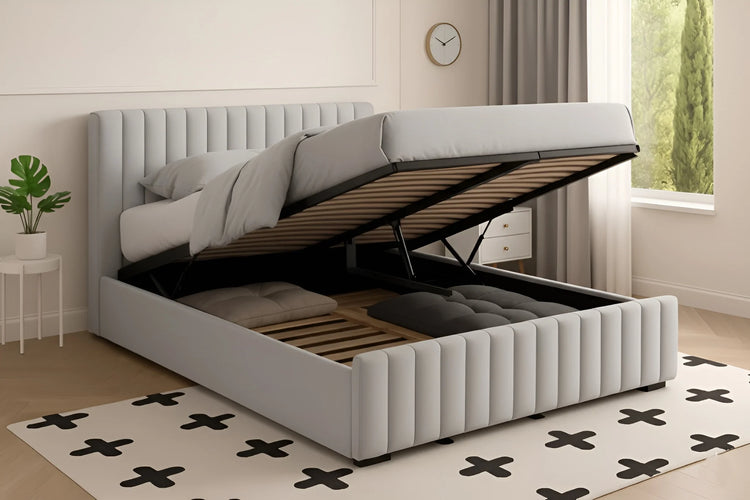 Grey chenille gas lift Queen bed frame with vertical line stitching on the headboard and open storage space underneath 4480G