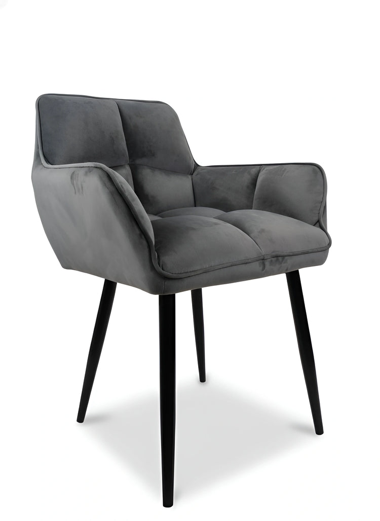 Side view of a modern gray velvet dining chair with black legs UT-C2014
