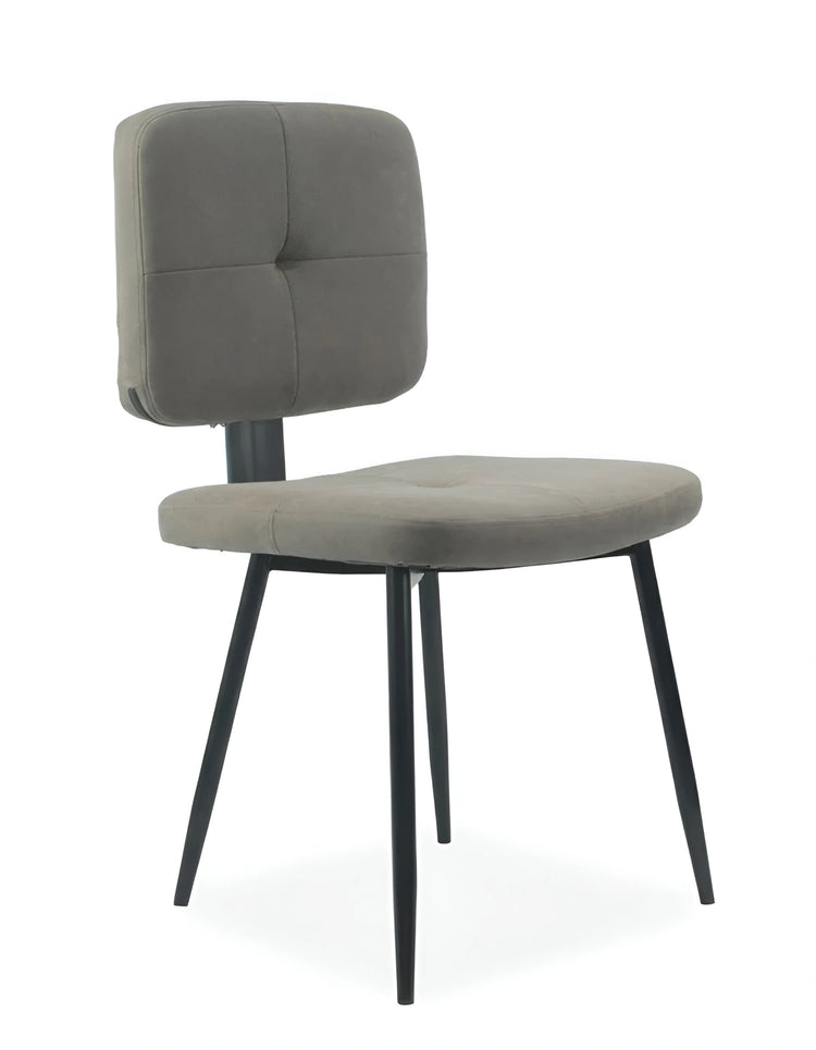 Gray upholstered chair with black metal legs on a white background