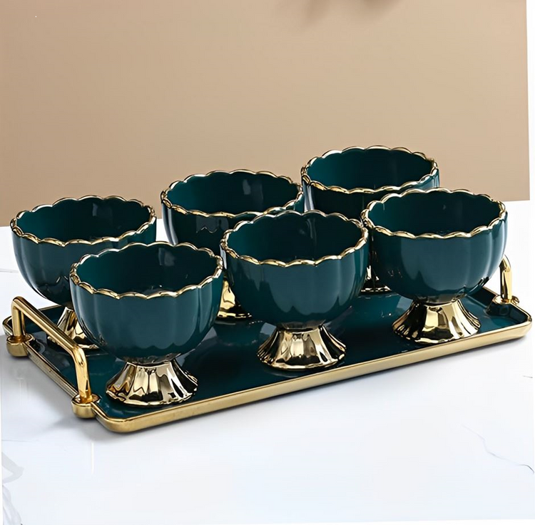 Glazed Bowl and Tray Set 7pc Green JEC7314B-L1