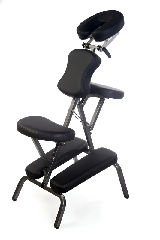 Black Foldable Portable Massage Chair MC006 with adjustable face cradle and armrests in side profile view.