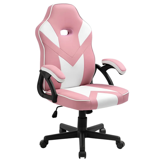 Frontal view of a pink and white high-back gaming chair UT-C555