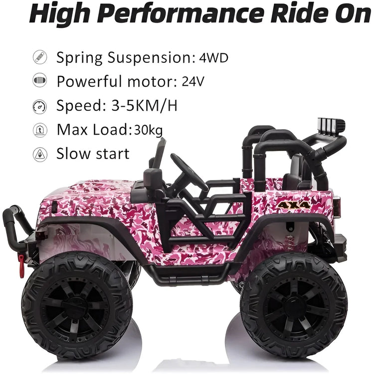 Pink jeep toy off-road vehicle with specifications on a white background