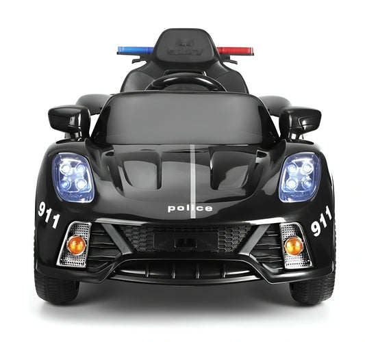 Front view of a white kids' electric police motorcycle ride-on with blue and green checkerboard pattern, siren, and lights