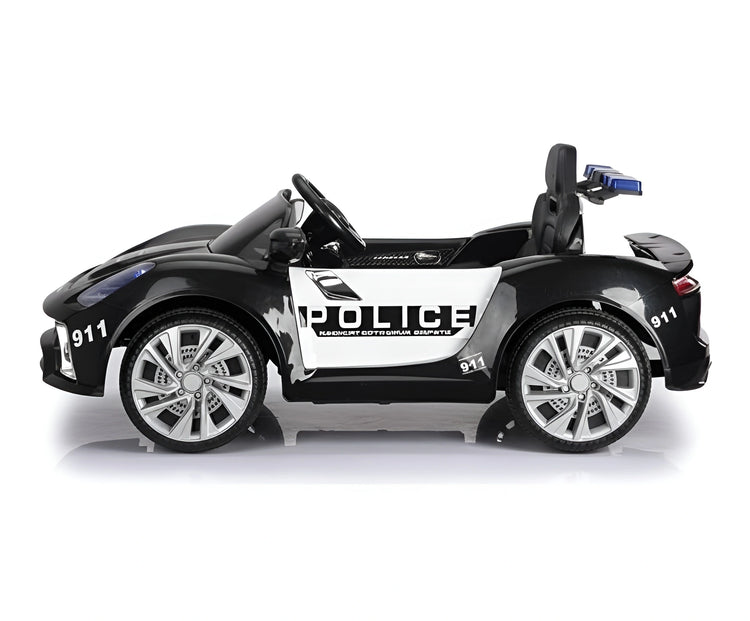Side view of black electric ride-on police car with working siren and lights CH9919A