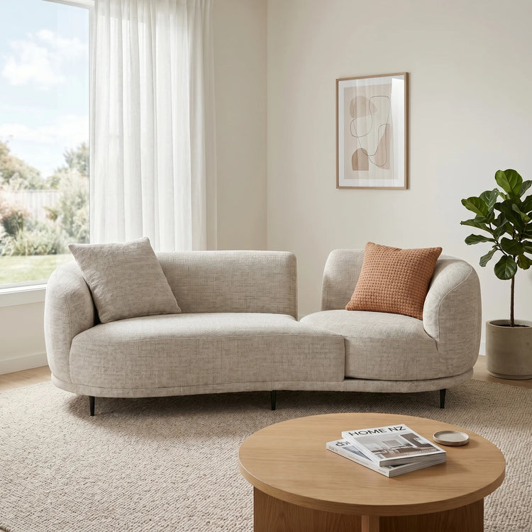 2459 light grey textured fabric curved modular sofa set featuring 3 seater and 1 seater modules joined together