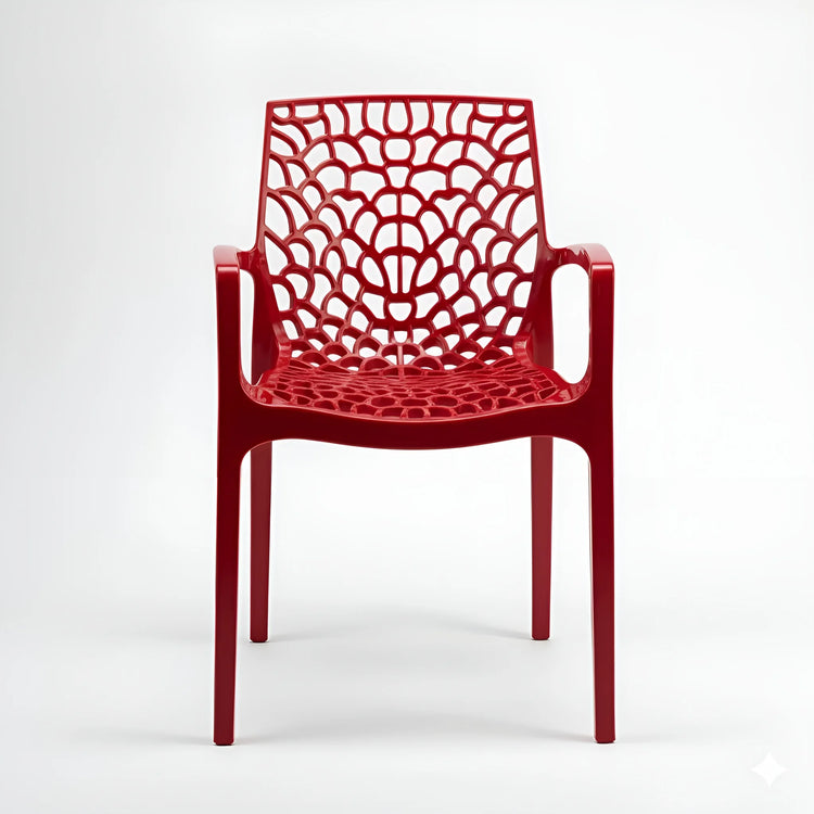 Frontal view of a red stackable plastic chair with a spiderweb design YH-675