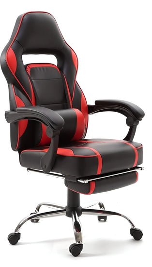 Black and red ergonomic gaming chair with a footrest and support pillows UT-C590F