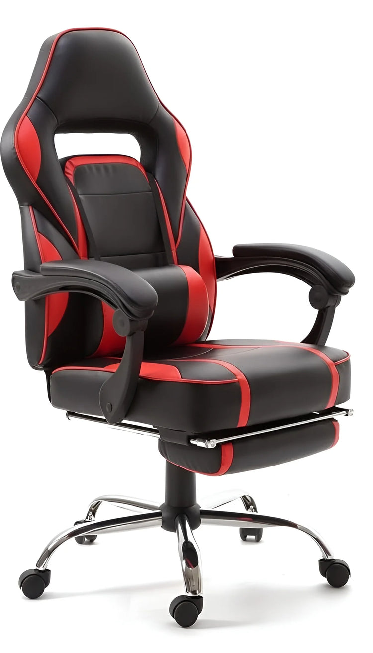Black and red ergonomic gaming chair with a footrest and support pillows UT-C590F