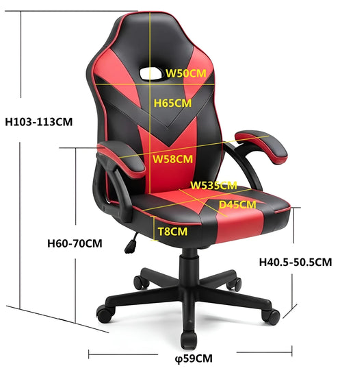 Side view with dimensions of a black and red gaming chair UT-C555