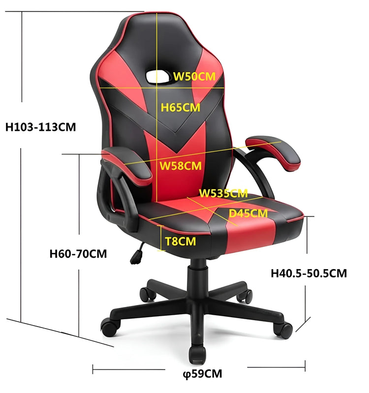 Side view with dimensions of a black and red gaming chair UT-C555