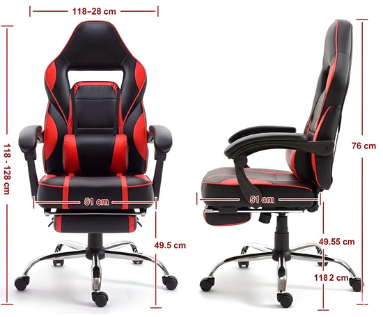 Side view of a black and red gaming chair showing all dimensions and measurements UT-C590F