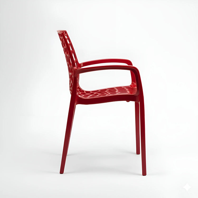 Side profile of a red indoor/outdoor chair with a spiderweb pattern YH-675