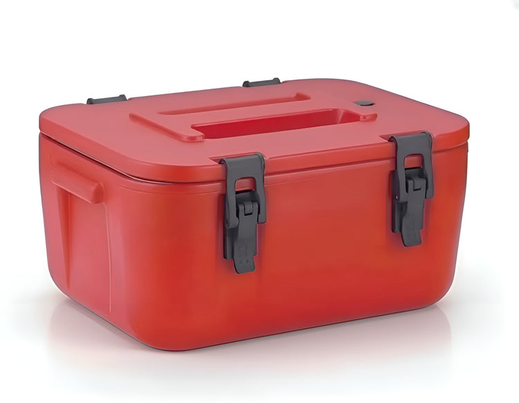 A red 8-litre heavy-duty insulated cooler bin with black latches and handle YS19022-102