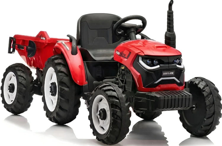 12V electric ride-on tractor for kids with detachable trailer and remote control, available in Red, Green, Yellow, and Blue - Model BBL-MB0068 A.