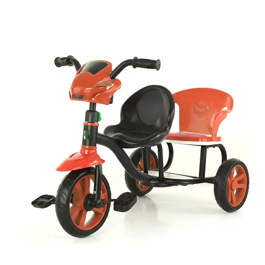 Red 2 seater kids' trike with rubber handles and adjustable seat LT5566