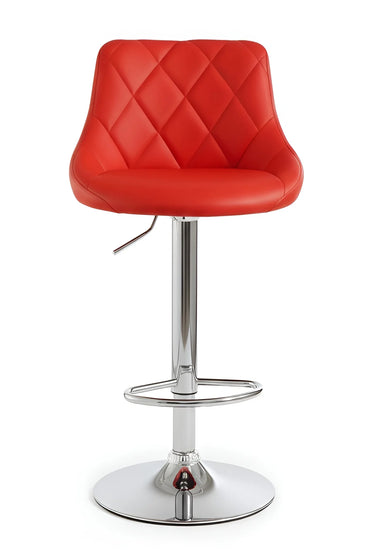 Red bar stool with quilted seat design on a white background