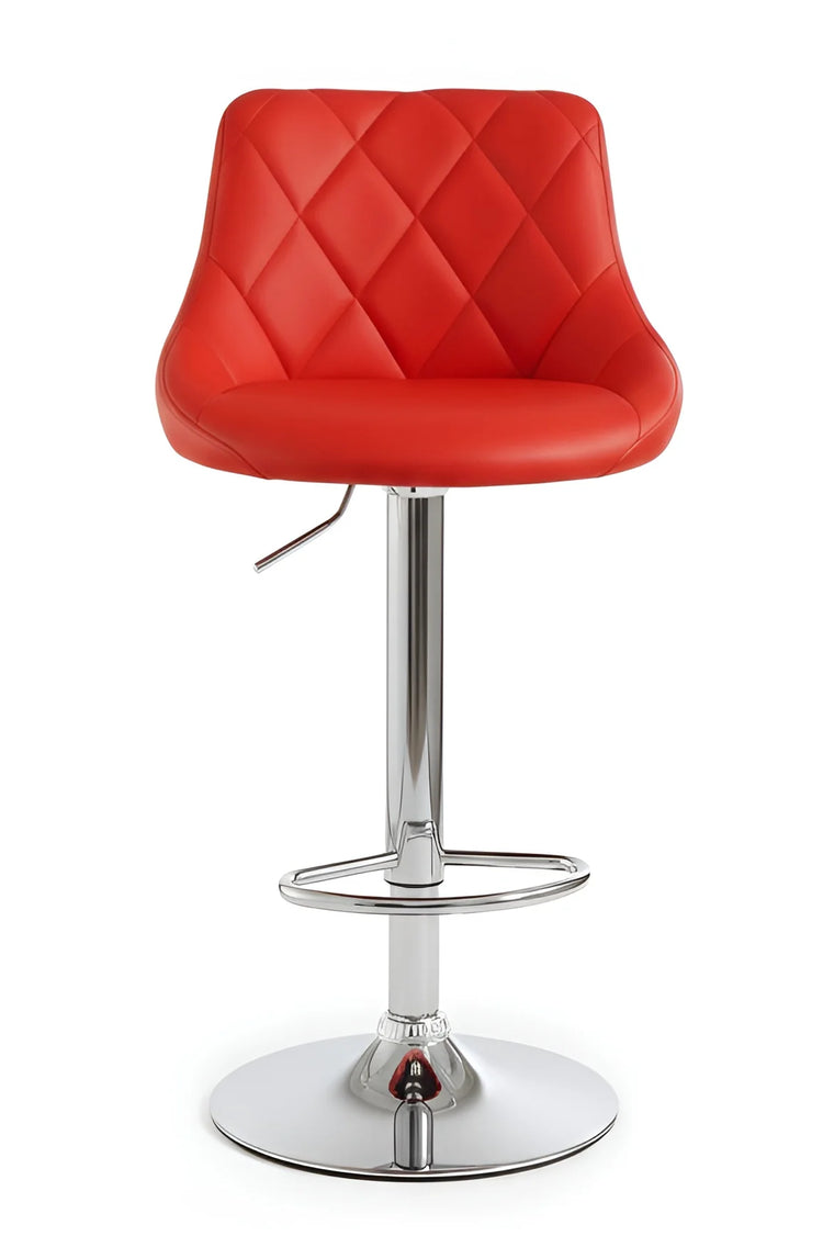 Red bar stool with quilted seat design on a white background