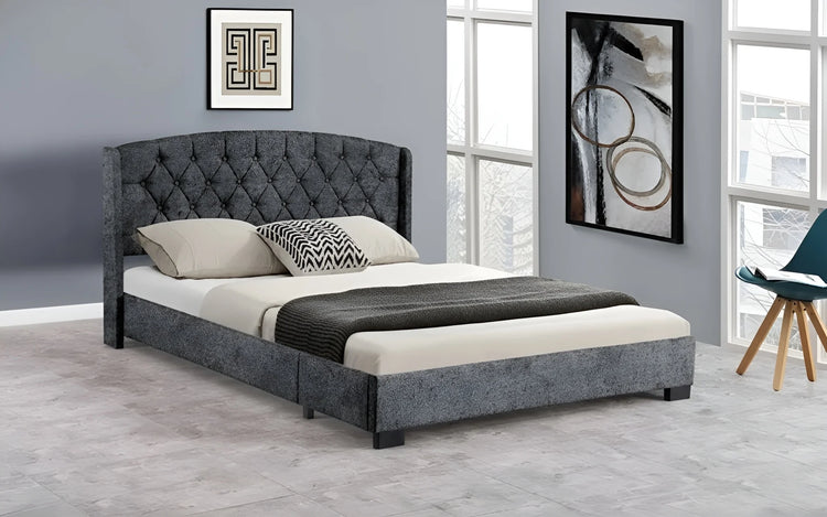 Silver chenille King bed frame with tufted an upholstered, button-tufted headboard (4022-3)