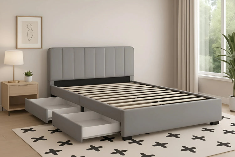 Silver storage bed in a modern bedroom setting with pillows and duvet 4182-3D