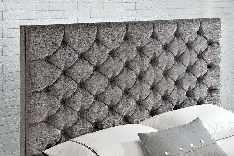 Silver chenille gas lift Super King bed frame with tufted button headboard (3207G)