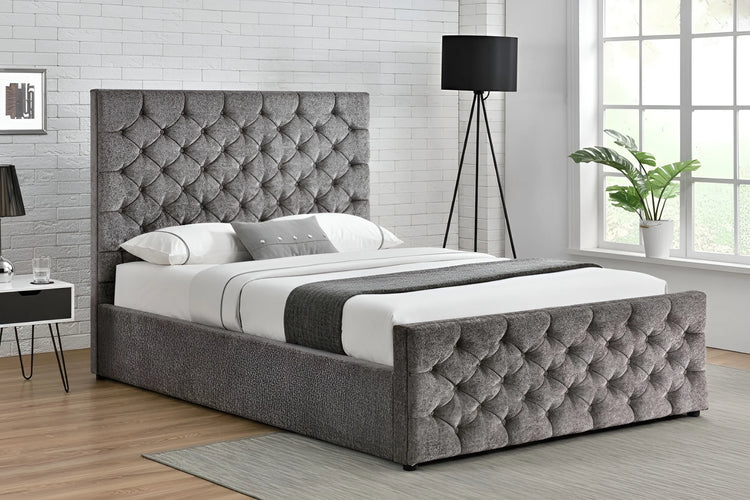 Silver chenille gas lift King bed frame with tufted button headboard (3207G)