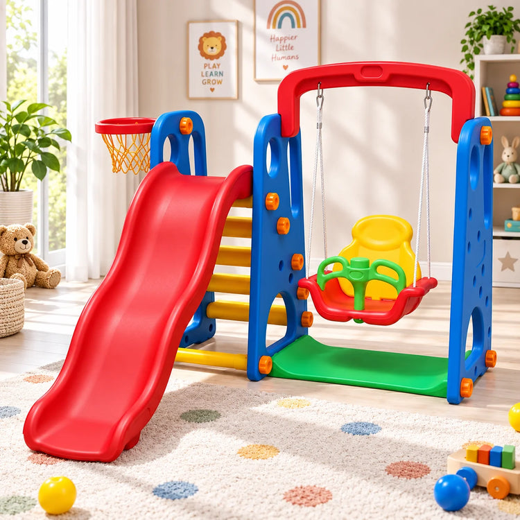 A colorful children's indoor playground set with a red slide, blue climbing frame, yellow and red swing seat, and small orange basketball hoop, shown in a bright playroom with toys and decor.