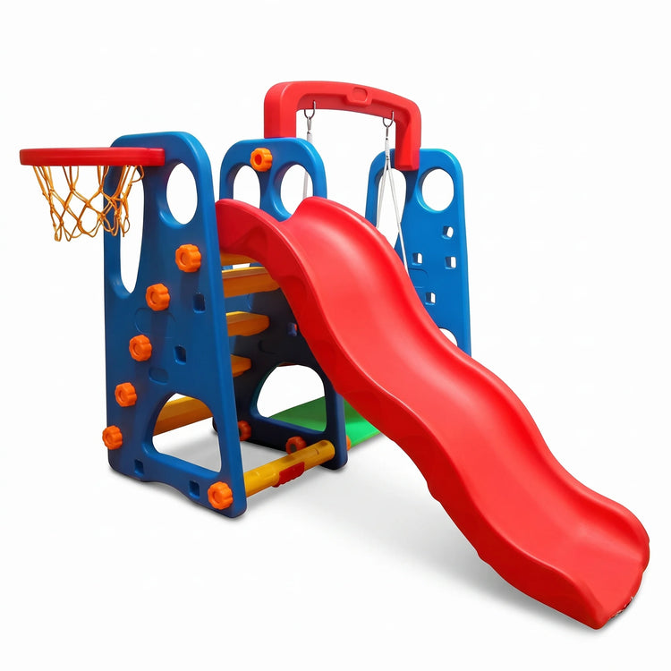 A children's outdoor playground climbing structure with a red slide, blue climbing walls, orange pegs, a red basketball hoop, and a hanging red handle, shown on a clean white background.