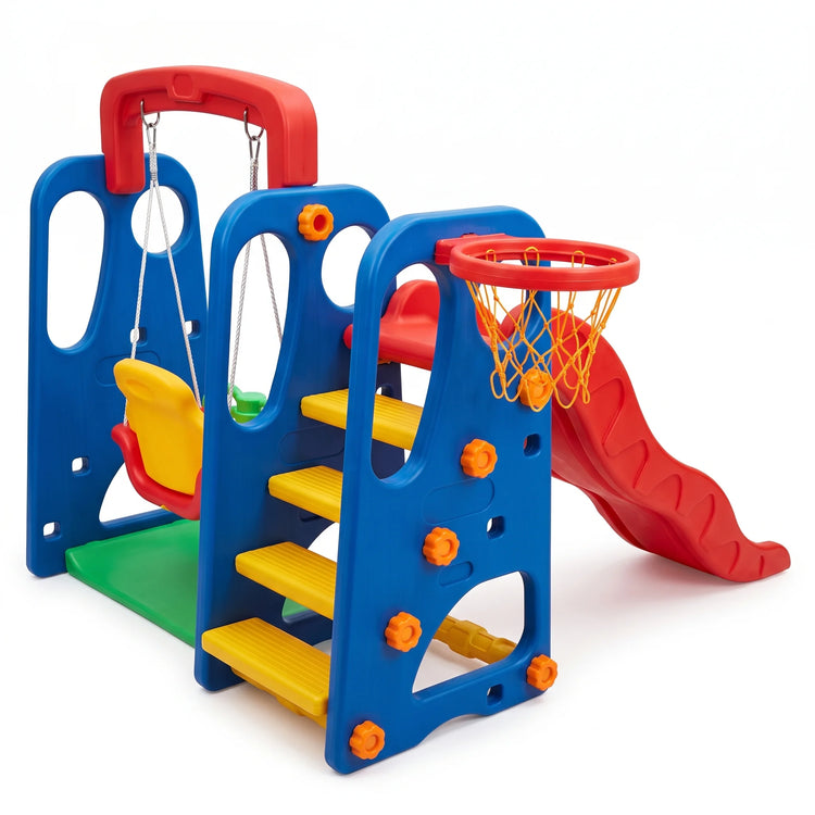 A colorful children's playground equipment set featuring a blue climbing frame with yellow steps, a red slide, a red basketball hoop, a yellow and red swing seat, and a green base, shown on a solid white background.