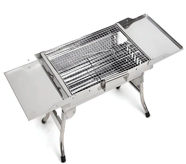 Small stainless steel charcoal BBQ grill in a folded position 1068